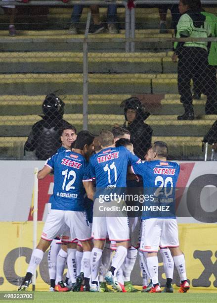 Players of Veracruz celebrates a goal against Morelia, during their Mexican Apertura 2015 tournament football match, at the Jose Maria Morelos...