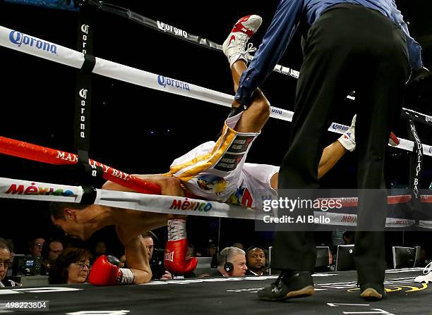 Drian Francisco falls through the ring as he is held up by Kenny Bayless against Guillermo Rigondeaux during their junior featherweight bout at the...