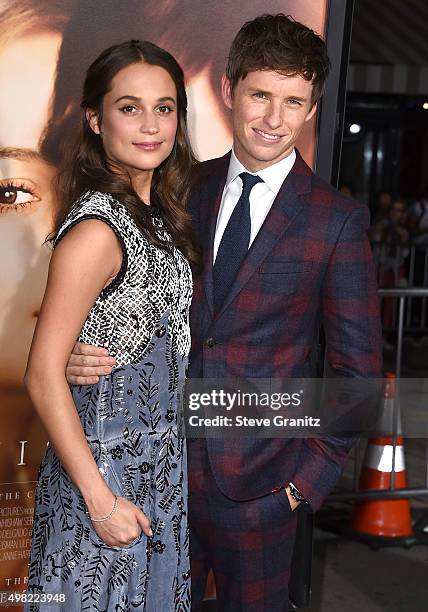 Alicia Vikander and Eddie Redmayne arrives at the Premiere Of Focus Features' "The Danish Girl" at Westwood Village Theatre on November 21, 2015 in...