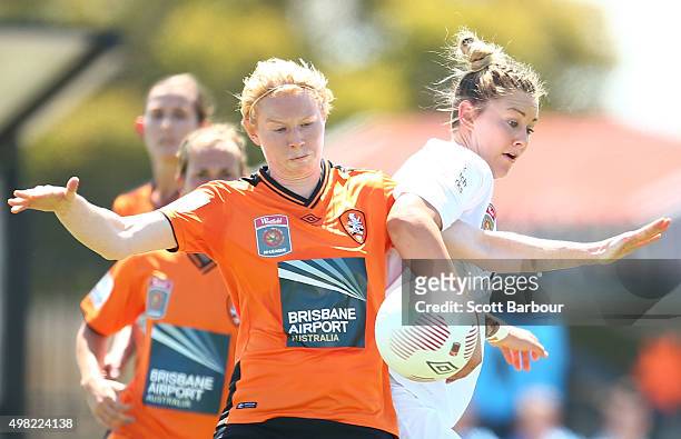 Larissa Crummer of City and Clare Polkinghorne of the Roar compete for the ball during the round six W-League match between Melbourne City and the...