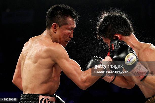 Francisco Vargas connects with a right to the face of Takashi Miura in their WBC super featherweight title fight at the Mandalay Bay Events Center on...