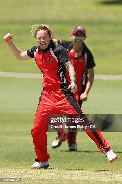 Sarah Coyte of the Scorpions celebrates a wicket during the WNCL match between South Australia and Tasmania at Railways Oval on November 22, 2015 in...