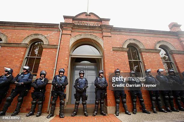 Heavy police presence is seen during a Reclaim Australia rally held in Melton on November 22, 2015 in Melbourne, Australia. Protestors gathered near...