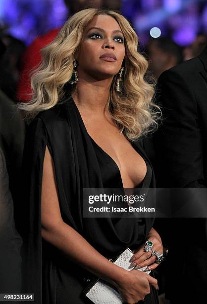 Beyonce Knowles looks on before Miguel Cotto takes on Canelo Alvarez in their middleweight fight at the Mandalay Bay Events Center on November 21,...