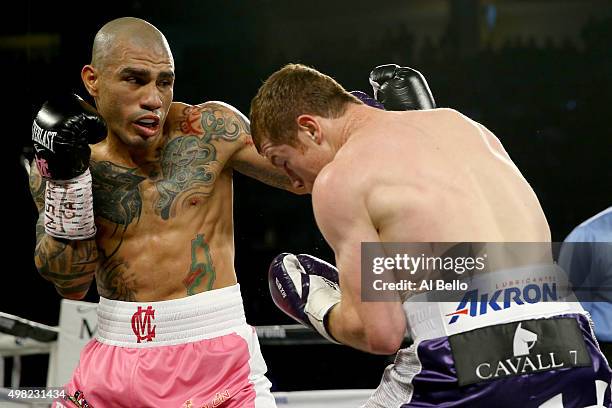 Miguel Cotto throws a left to the face of Canelo Alvarez during their middleweight fight at the Mandalay Bay Events Center on November 21, 2015 in...