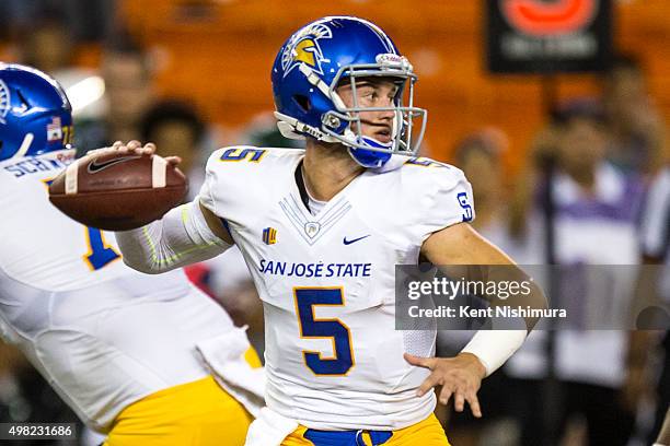 Kenny Potter of the San Jose State Spartans passes against the Hawaii Warriors during the first quarter of a college football game at Aloha Stadium...