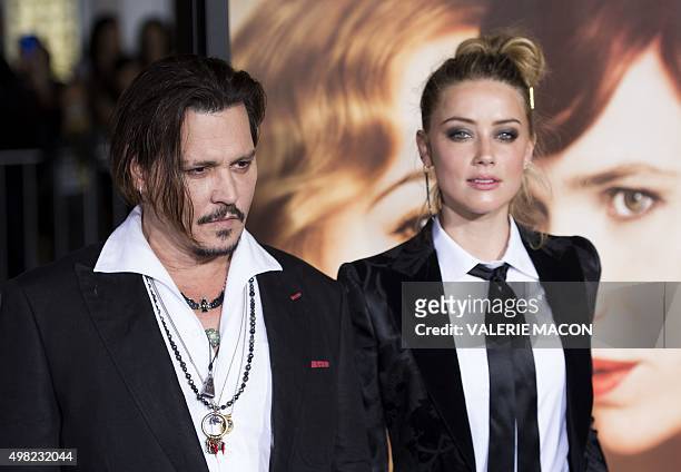Actors Johnny Depp and Amber Heard attend the Los Angeles Premiere of "The Danish Girl", in Westwood, California, on November 21, 2015.AFP PHOTO...