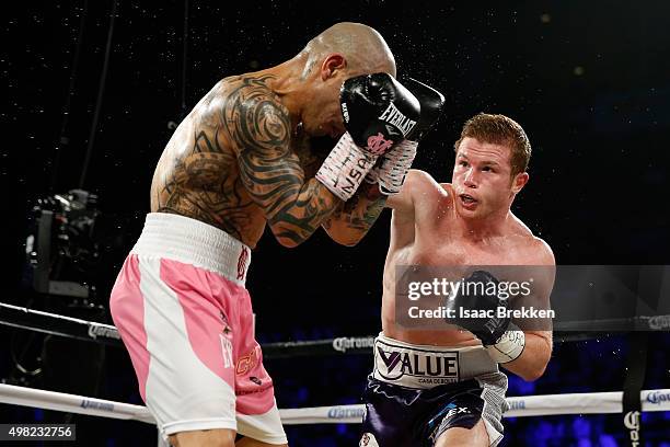 Canelo Alvarez throws a right at Miguel Cotto during their middleweight fight at the Mandalay Bay Events Center on November 21, 2015 in Las Vegas,...