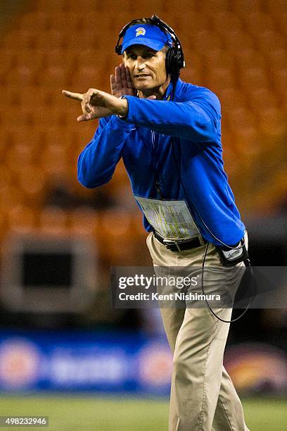 Head coach Ron Caragher of the San Jose State Spartans during the second quarter of a college football game at Aloha Stadium on November 21, 2015 in...