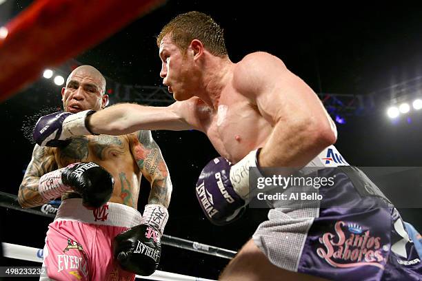 Canelo Alvarez throws a right at Miguel Cotto during their middleweight fight at the Mandalay Bay Events Center on November 21, 2015 in Las Vegas,...