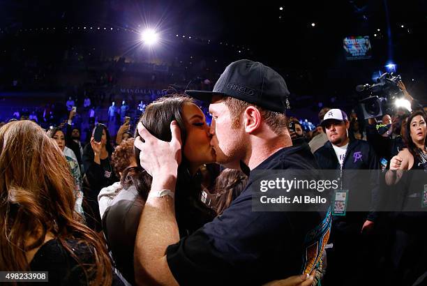 Canelo Alvarez celebrates with Nelda Sepulveda after defeating Miguel Cotto by unanimous decision in their middleweight fight at the Mandalay Bay...