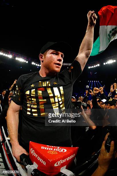 Canelo Alvarez celebrates after defeating Miguel Cotto by unanimous decision in their middleweight fight at the Mandalay Bay Events Center on...