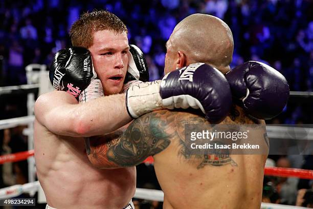 Miguel Cotto and Canelo Alvarez embrace after their middleweight fight at the Mandalay Bay Events Center on November 21, 2015 in Las Vegas, Nevada....