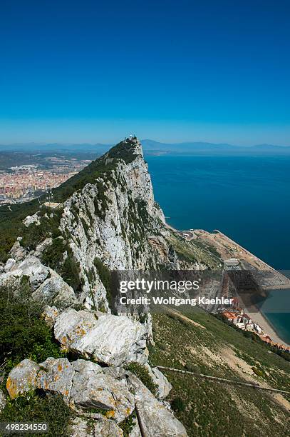 View of the rock and Mediterranean Sea from the observation platform at the top of the Rock of Gibraltar, which is a British Overseas Territory,...