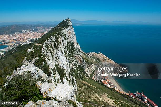 View of the rock and Mediterranean Sea from the observation platform at the top of the Rock of Gibraltar, which is a British Overseas Territory,...