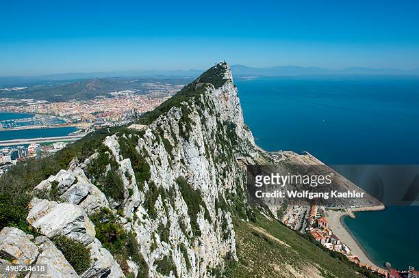 View of the rock and Mediterranean Sea from the observation platform at the top of the Rock of Gibraltar, which is a British Overseas Territory,...