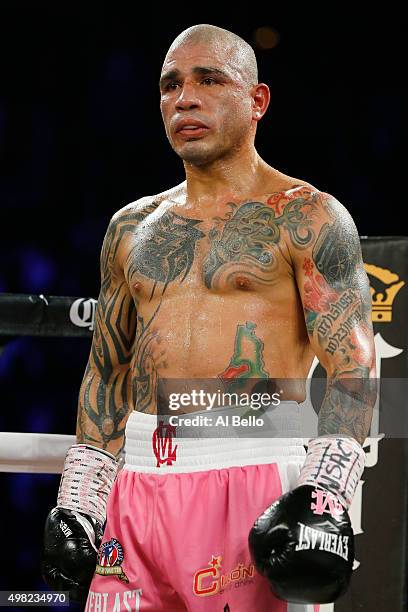 Miguel Cotto looks on while taking on Canelo Alvarez during their middleweight fight at the Mandalay Bay Events Center on November 21, 2015 in Las...