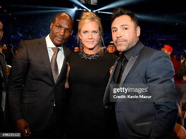 Promoter/boxer Bernard Hopkins , UFC fighter Holly Holm and promoter/boxer Oscar De La Hoya attend Roc Nation Sports, Golden Boy Promotions, Miguel...