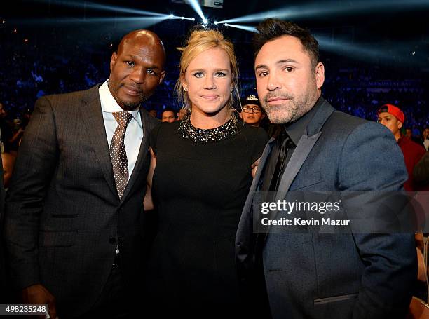 Promoter/boxer Bernard Hopkins , UFC fighter Holly Holm and promoter/boxer Oscar De La Hoya attend Roc Nation Sports, Golden Boy Promotions, Miguel...