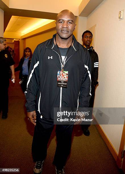 Professional boxer Evander Holyfield attends Roc Nation Sports, Golden Boy Promotions, Miguel Cotto Promotions And Canelo Promotions Present Miguel...