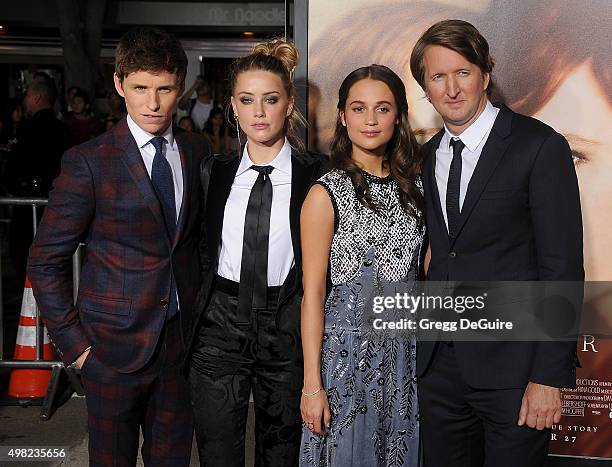 Actors Eddie Redmayne, Amber Heard, Alicia Vikander and director Tom Hooper arrive at the premiere of Focus Features' "The Danish Girl" at Westwood...