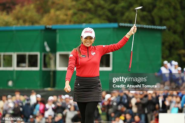Bo-Mee Lee of South Korea celebrates after winning the Daio Paper Elleair Ladies Open 2015 at the Itsuura-teien Country Club on November 22, 2015 in...