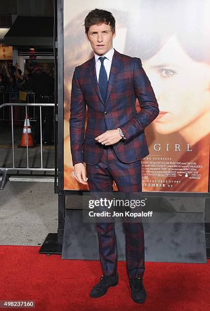 Actor Eddie Redmayne arrives at the Los Angeles Premiere Of Focus Features' "The Danish Girl" at Westwood Village Theatre on November 21, 2015 in...