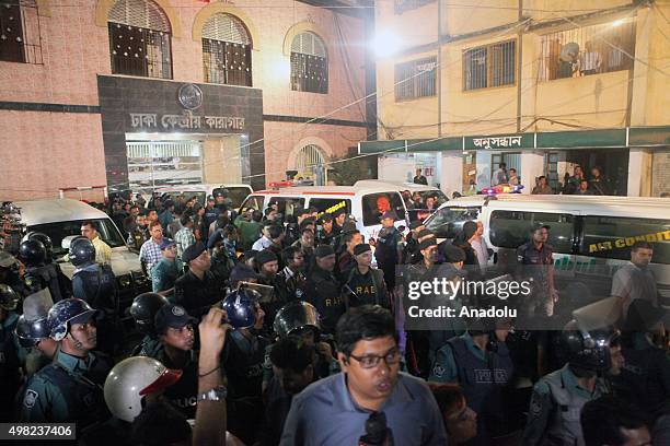 Ambulances enter into Jail to carry dead bodies of Salahuddin Quader Chowdhury and Ali Ahsan Muhammad Mojaheed in Dhaka, Bangladesh on November 22,...