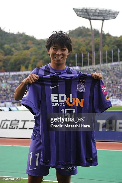 Hisato Sato of Sanfrecce Hiroshima poses after the J. League match between Sanfrecce Hiroshima and Shonan Bellmare at the Edion Stadium Hiroshima on...