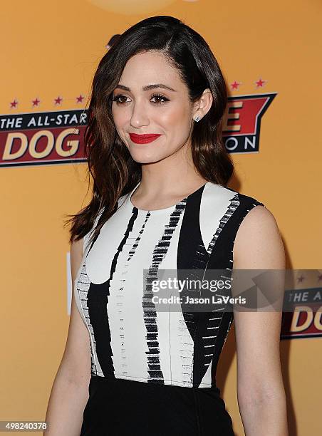 Actress Emmy Rossum attends the All-Star Dog Rescue Celebration at Barker Hangar on November 21, 2015 in Santa Monica, California.