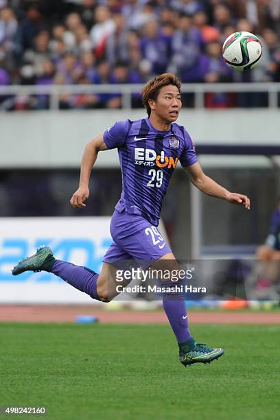 Takuma Asano of Sanfrecce Hiroshima in action during the J. League match between Sanfrecce Hiroshima and Shonan Bellmare. Hiroshima won the J1 2nd...