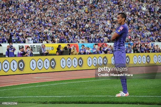 Douglas of Sanfrecce Hiroshima celebrates the fourth goal during the J. League match between Sanfrecce Hiroshima and Shonan Bellmare. Hiroshima won...