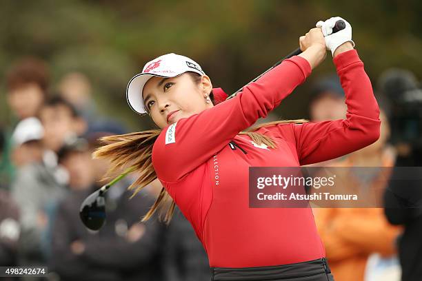 Bo-Mee Lee of South Korea hits her tee shot on the 16th hole during the final round of the Daio Paper Elleair Ladies Open 2015 at the Itsuura-teien...