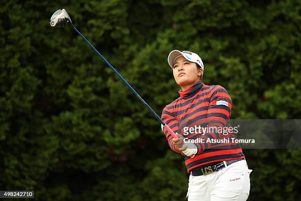 Ai Suzuki of Japan hits her tee shot on the 9th hole during the final round of the Daio Paper Elleair Ladies Open 2015 at the Itsuura-teien Country...