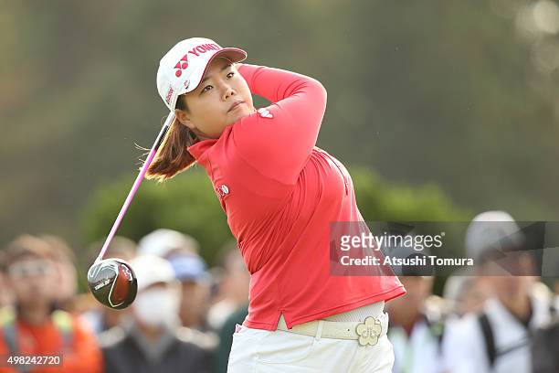 Sun-Ju Ahn of South Korea hits her tee shot on the 1st hole during the final round of the Daio Paper Elleair Ladies Open 2015 at the Itsuura-teien...