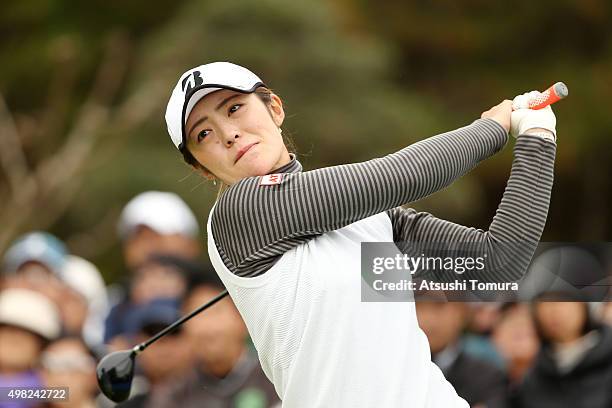 Ayaka Watanabe of Japan hits her tee shot on the 16th hole during the final round of the Daio Paper Elleair Ladies Open 2015 at the Itsuura-teien...