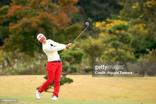 Momoko Ueda of Japan hits her third shot on the 2nd hole during the final round of the Daio Paper Elleair Ladies Open 2015 at the Itsuura-teien...