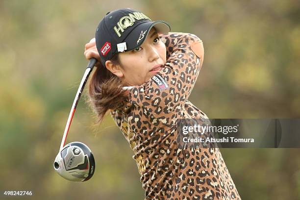 Ritsuko Ryu of Japan hits her tee shot on the 2nd hole during the final round of the Daio Paper Elleair Ladies Open 2015 at the Itsuura-teien Country...