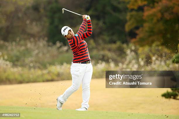 Ai Suzuki of Japan hits her third shot on the 2nd hole during the final round of the Daio Paper Elleair Ladies Open 2015 at the Itsuura-teien Country...