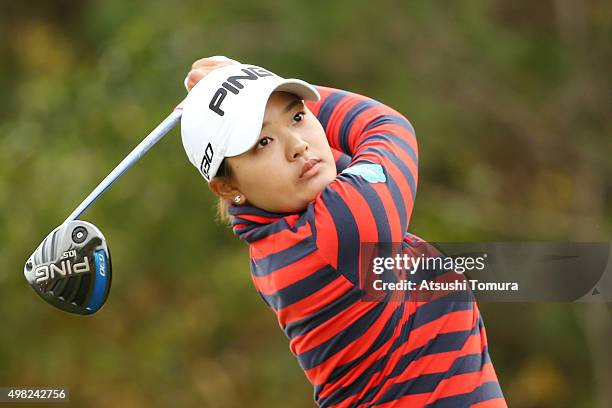 Ai Suzuki of Japan hits her tee shot on the 2nd hole during the final round of the Daio Paper Elleair Ladies Open 2015 at the Itsuura-teien Country...