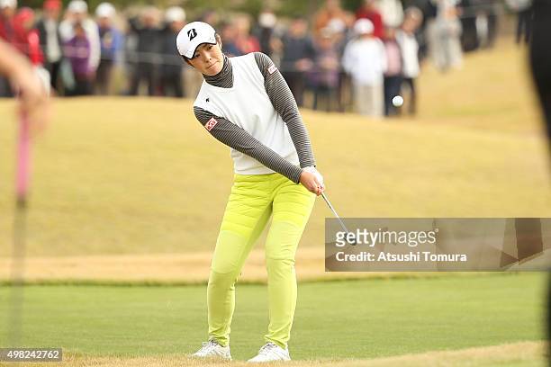Ayaka Watanabe of Japan chips onto the 2nd green during the final round of the Daio Paper Elleair Ladies Open 2015 at the Itsuura-teien Country Club...