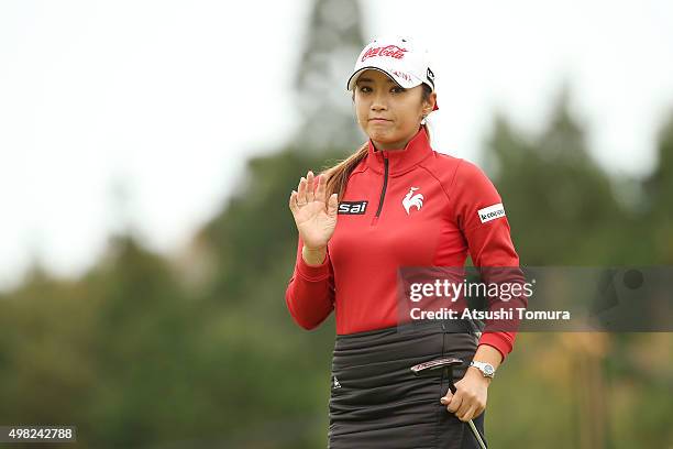 Bo-Mee Lee of South Korea reacts during the final round of the Daio Paper Elleair Ladies Open 2015 at the Itsuura-teien Country Club on November 22,...