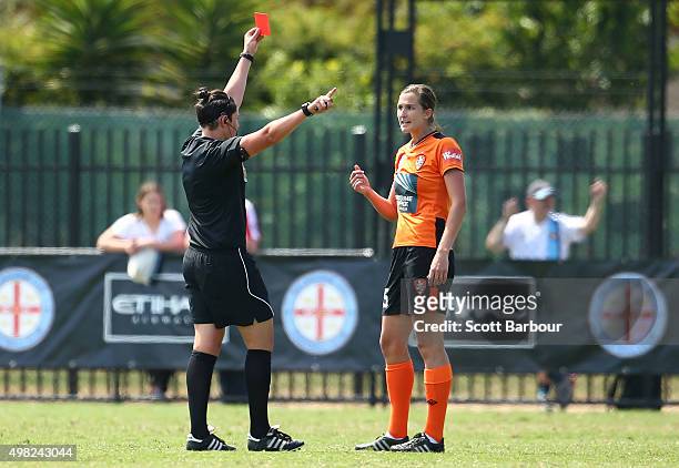 Ruth Blackburn of the Roar is red carded by referee Kate Jacewicz during the round six W-League match between Melbourne City and the Brisbane Roar at...