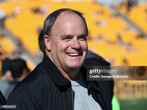 General manager Kevin Colbert of the Pittsburgh Steelers smiles as he looks on from the sideline before a game against the Cleveland Browns at Heinz...