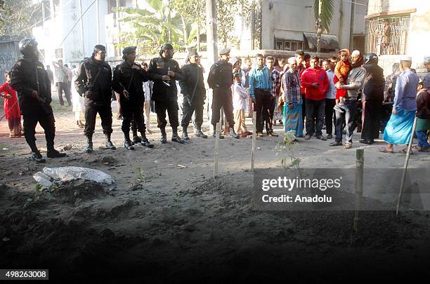 November 22: Security forces are seen in front of Jamaat e Islamis Secretary General Ali Ahsan Muhammad Mujahid's ancestral home in Faridpur,...