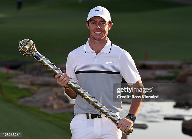 Rory McIlroy of Northern Ireland with the DP World Tour Championship Trophy after the final round of the DP World Tour Championship on the Earth...