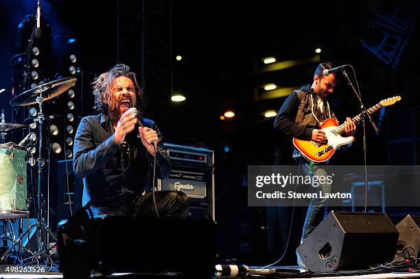 Singer Jason Aalon Butler and guitarist Jeff Sahyoun of Letlive perform at the Downtown Las Vegas Events Center on November 21, 2015 in Las Vegas,...