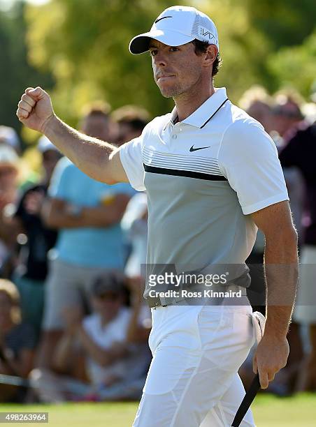 Rory McIlroy of Northern Ireland celebrates his birdie putt on the par four 12th hole during the final round of the DP World Tour Championship on the...
