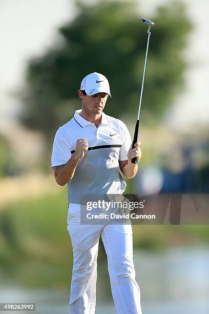 Rory McIlroy of Northern Ireland closes his eyes in relief after holing a long bogey putt on the par 3, 17th hole during the final round of the 2015...