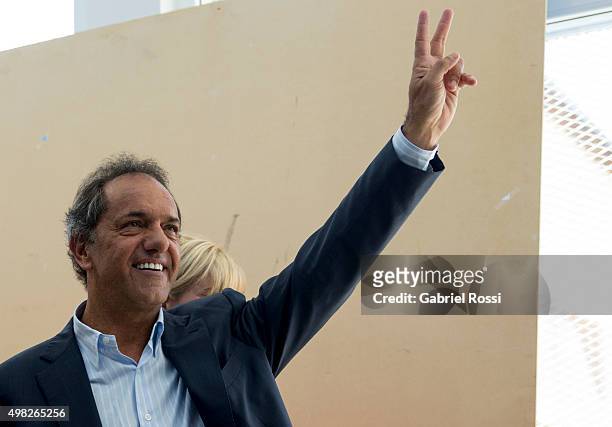Daniel Scioli Presidential Candidate for Frente Para La Victoria gestures before casting his vote during runoff elections on November 22, 2015 in...